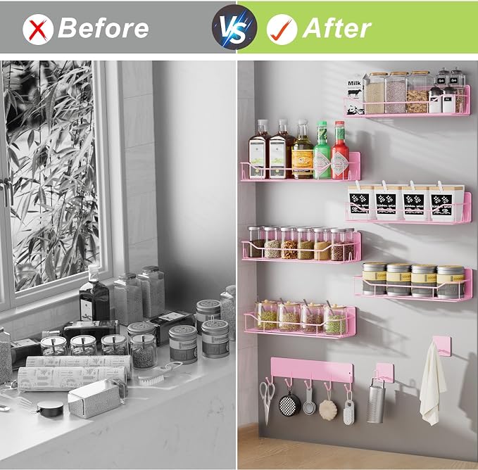 Magnetic Spice Rack for Refrigerator, 9 Pack Magnetic Fridge Shelves W/Adjustable Paper Towel Holder, Hook Rack, Moveable Spice Organizer Shelf for Kitchen Organization and Storage (Pink) - Image 5