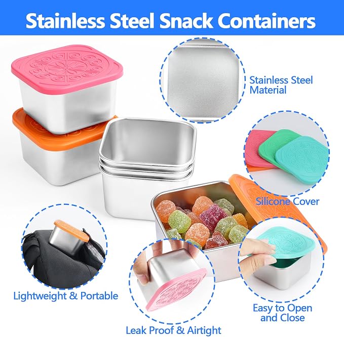 6 Pack 180ml/6oz Stainless Steel Snack Containers with Silicone Lids | 180ml Small Metal Food Storage Boxes for School Daycare Picnic Summer Camp, Reusable BPA-Free Meal Prep Condiment Cups - Image 3