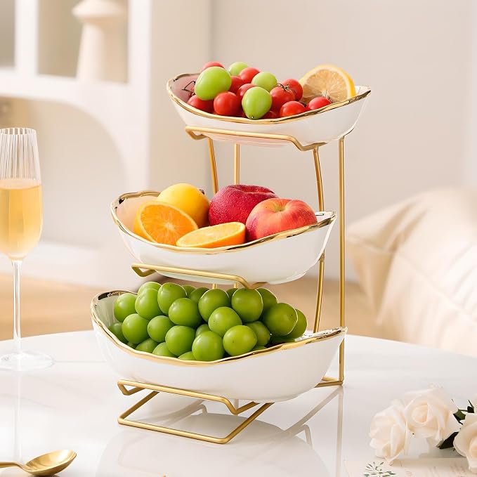 Gold Silver Fruit Bowl with Metal Stand, 3 Tier Ceramic White Fruit Bowl Fruit Rack for Kitchen Counter, Tiered Fruit Basket for Snacks Bread Candy Storage (White A (Smooth Surface)) - Image 4