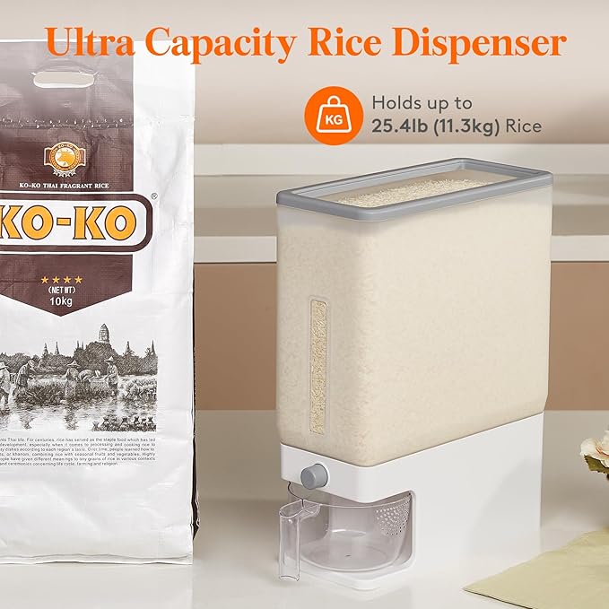 Lifewit Rice Dispenser 25 Lbs, Airtight Storage with Measuring Cup, Clear | BPA-Free 11.3kg Capacity Storage Container for Beans, Corn & Other Small Grains, One-Press Dispensing Bin for Kitchen Pantry - Image 9