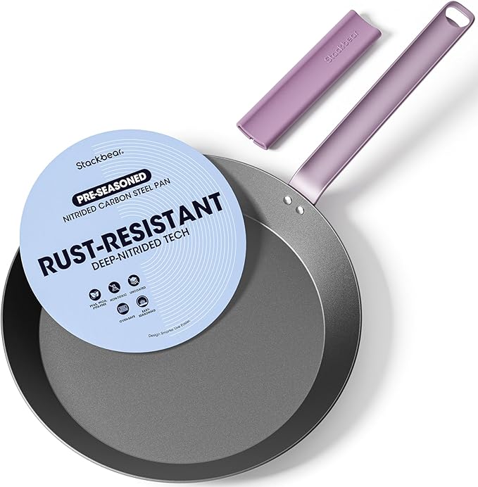 Carbon Steel Skillet 12 Inch, Nitrided Steel Frying Pan, Preseasoned Rust Resistant Large Cooking Pan with Ergonomic Handle & Removable Silicone Grip, Induction & Oven Safe | Natural Patina Development with No Chemical Coating; Spacious Cooking Surface... by Stackbear-DesignsmarterLiveeasier