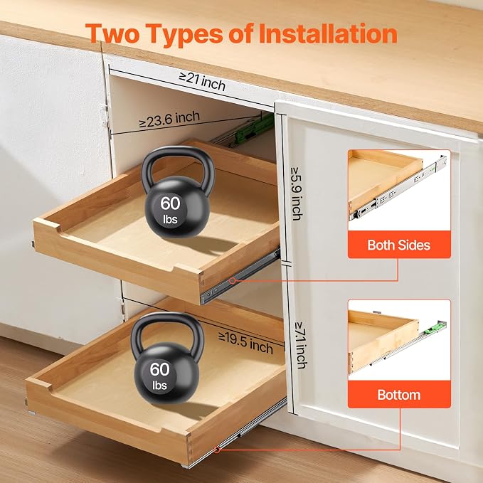 VEVOR Pull Out Cabinet Organizer, 20"W x 21"D Cabinet Drawer, Soft Close Slide out Shelf, Heavy-Duty Sliding Wood Drawer, Bottom Mount Size（20.5"W x 23"D）and Side Mount Size（21"W x 23"D） - Image 5