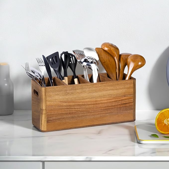 Wooden Utensil Holder for Kitchen Counter, Extra Large Utensil Holder with 4 Compartments for Cooking and Silverware, Kitchen Utensil Organizer Acacia Wood Rustic Kitchen Decor (Brown, 4 Compartment) - Image 6