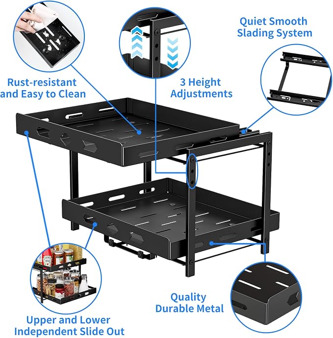 BOIVSHI Spice Organization for Cabinet, 14.1" Wx10.8 Dx9.2 H | 2 Tier Pull Out Spice Rack for Cabinet Space-saving, Vertical Spice Rack Height Adjustable, Metal Kitchen Spice Rack Cabinet - Image 8