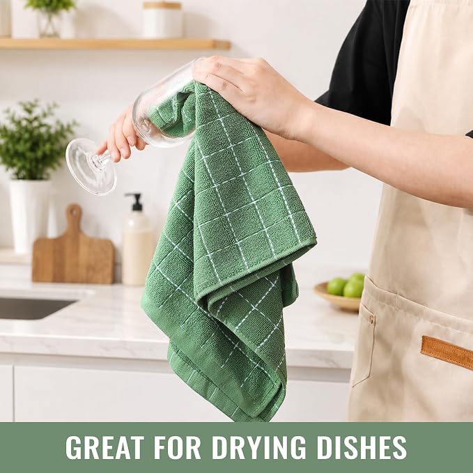 Kitinjoy 100% Cotton Terry Kitchen Towels, 13”x 28”, 4-Pack, Grass Green | Checkered Designed, Ultra Soft Absorbent Quick Drying Dish Towels - Image 6