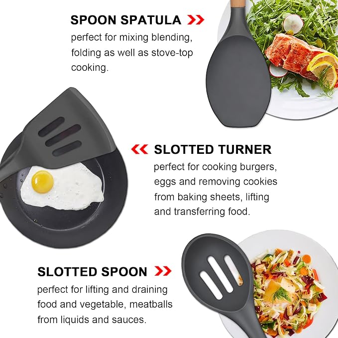 Kitchen Cooking Utensils Set, 6Pcs Silicone Kitchen Utensils Set Spatula Spoon Soup Ladle Turner, Heat Resistant Wooden Handle Silicone Cooking Gadgets for Nonstick Cookware & Baking BPA FREE - Image 5