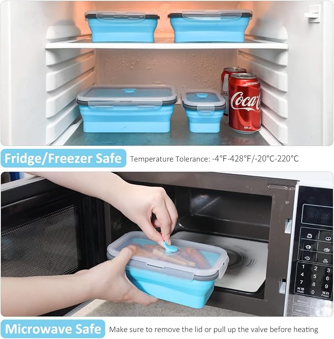 Collapsible Food Storage Containers with Airtight Lid & Air Vent, 4 Sizes, Kitchen Stacking Silicone Collapsible Meal Prep Container Set for Leftover, Microwave Freezer Dishwasher Safe, Blue, Set of 4 - Image 6