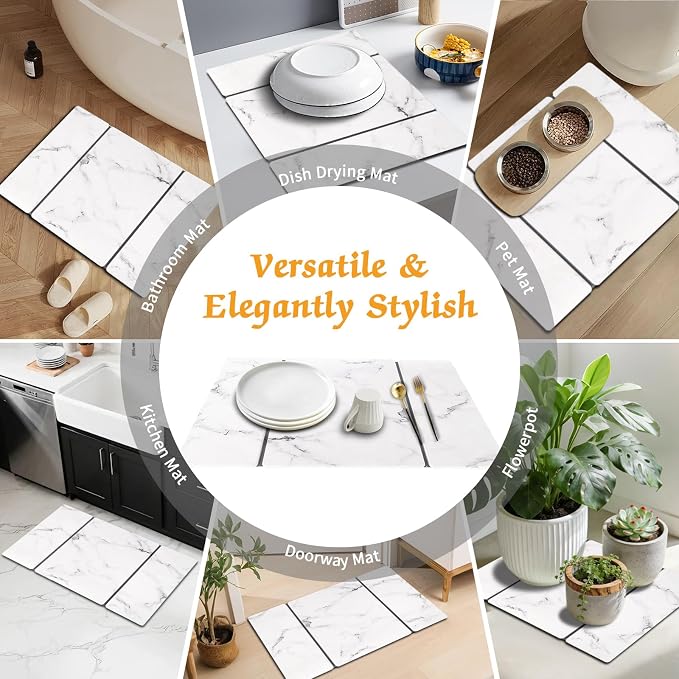Stone Dish Drying Mat for Kitchen Counter, 24 x 16 Inch(White Marble Vein) | Absorbent diatomaceous earth and PVC, folds for compact storage, suitable for dishes, cups, bottles, or a bathroom floor mat - Image 8
