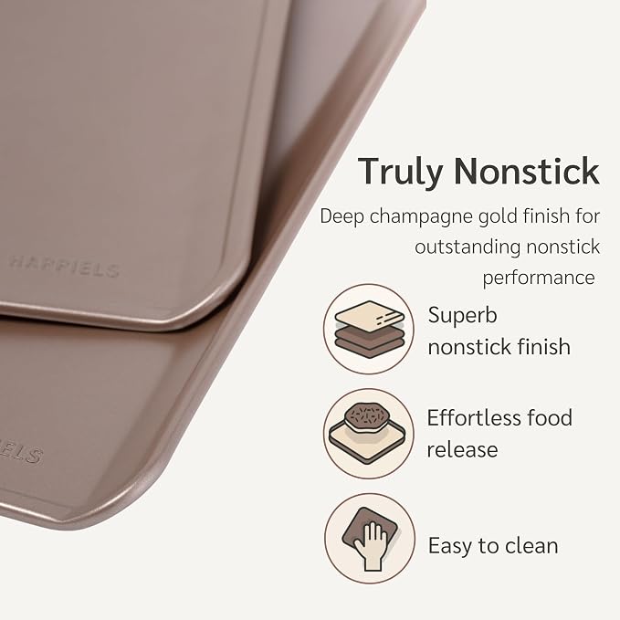 13 x 17 inch Nonstick Cookie Sheet 2-Pack Rimless, PFOA & BPA Free | | Non-Toxic - High Carbon Steel - Gold - Half Sheets for Oven Baking without Lip - Image 3