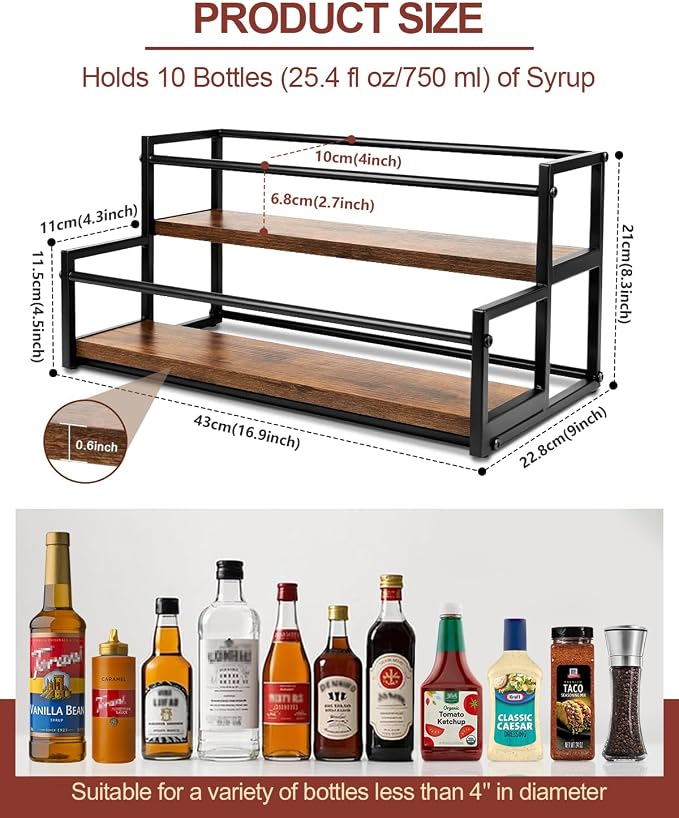 Coffee Syrup Organizer, 2-Tier Holds 10 Bottles Rack | Warm Rustic Thick Wood & Steel Frame, Easy to Clean & Assemble, Sturdy for Coffee Bars, Dirty Soda Bars & Countertops - Image 4