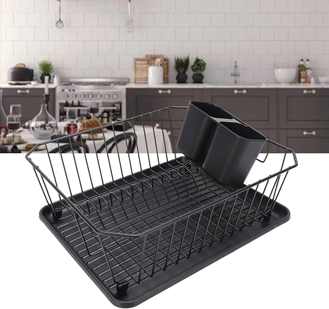 Asixxsix Dish Drying Rack, Stainless Steel Dish Drainer with Utensil Holder and Drainboard, Sink Organization and, 14" x 12" x 5" for Home and Apartment Decor (Black) - Image 4