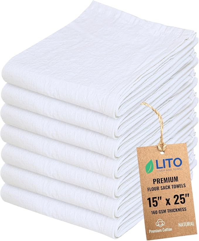 Flour Sack Towels | Tea Towel for Crafts| Cotton Blank Towel for Embroidery| Kitchen Dish, Baking Bread Proofing Linen Cover| Thick Absorbent Quick Dry| 7 Pack 15"x 25" Natural by LITOLinenandTowel