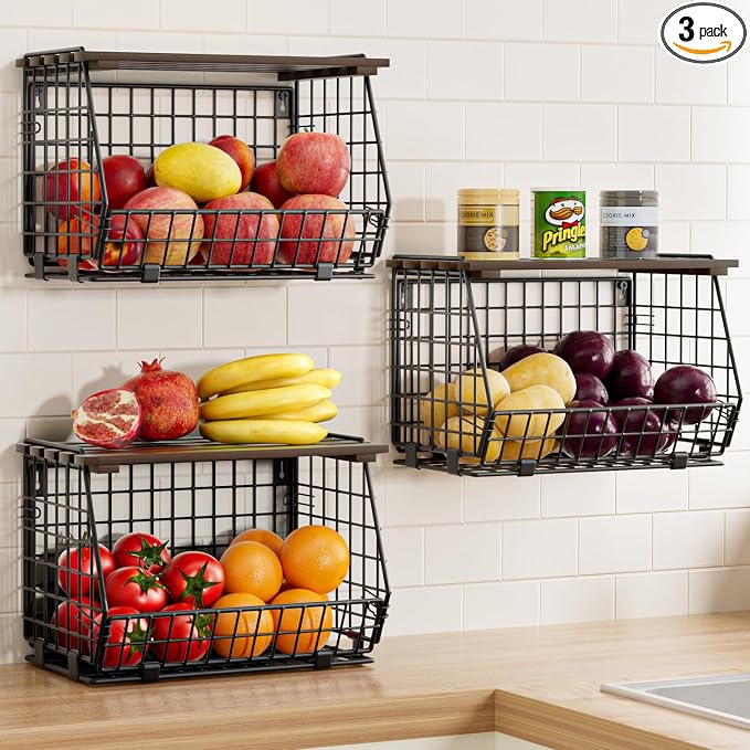 Hanging Fruit Basket for Kitchen, 3 Pack Vegetable Produce Basket | Wall Mounted & Countertop Wire Storage Basket for Potato Onion Fruits Vegetables, Pantry Organizers Storage by GGIU