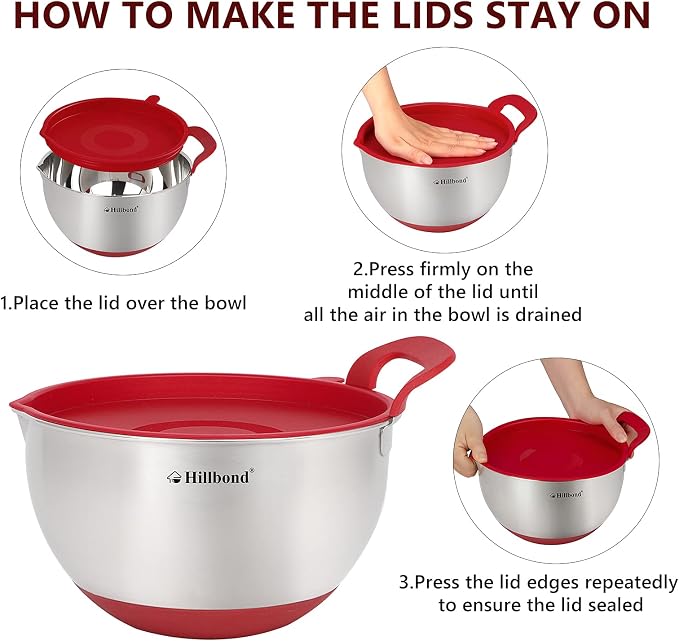 Hillbond Stainless Steel Mixing Bowls with Lids Set, Set of 3, Red | mixing bowl with Pour Spout, Silicone Handle, Non-Slip Bottoms, Dishwasher Safe, Metal Mixing Bowls for baking - Image 4