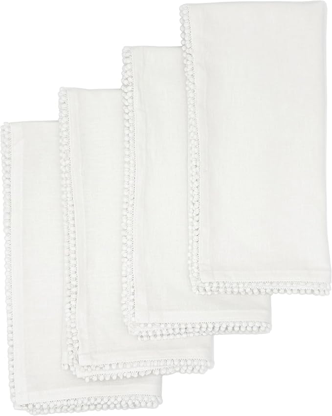 Cotton Napkins with Hand-Knotted Trim, Set of 4 – Lovely Reusable Large Cloth Napkins for Dining, Weddings, Summer, Birthday Gift, 22 x 22 Inch, White by Bryonia