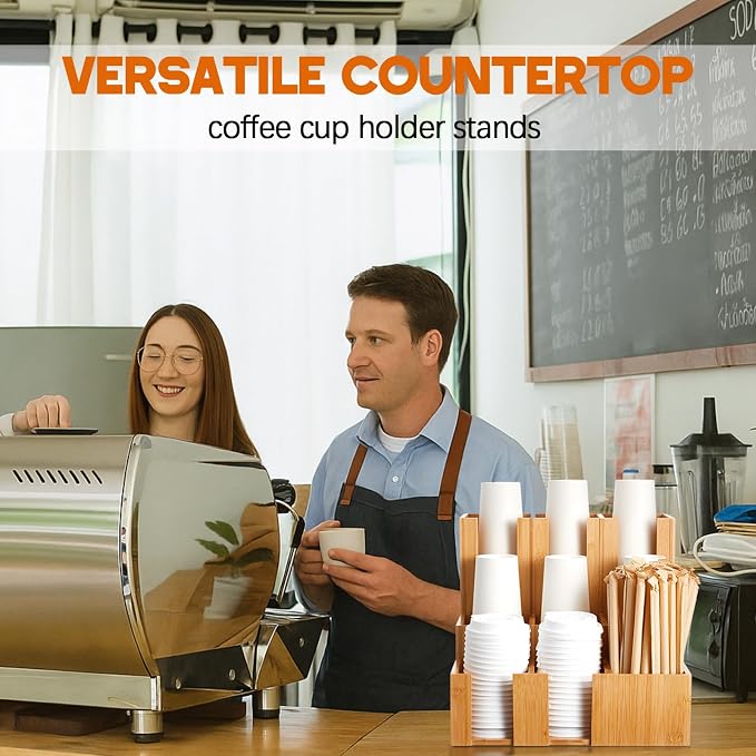 CroBlissful Bamboo Vertical Coffee Cup and Lid Dispenser, Coffee Condiment Organizer, 9 Compartment for Disposable Paper & Plastic Cup, for Cabinet Station Home Countertop Bar 13''l x 13''w x 12''h - Image 6