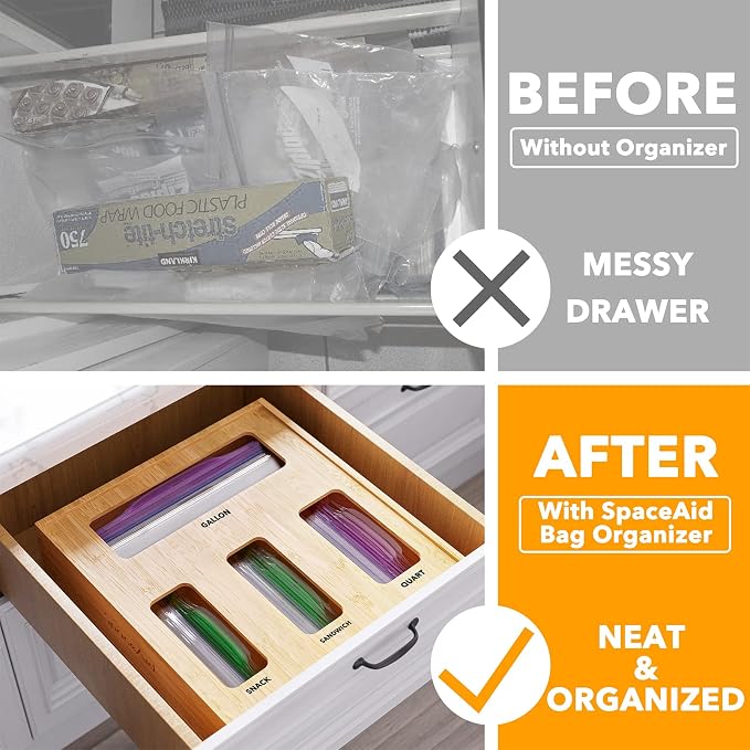 SpaceAid Bag Storage Organizer for Kitchen Drawer, Bamboo Organizer, Compatible with Gallon, Quart, Sandwich and Snack Variety Size Bag (1 Box 4 Slots), 2.5" High - Image 2