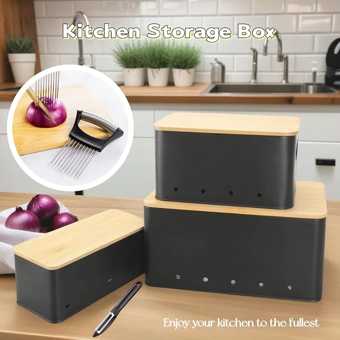 Modern kitchen storage container, stacked metal storage box, 3-piece set with wooden lid design, onion, garlic, potato metal cans, breathable storage box (Black) - Image 2