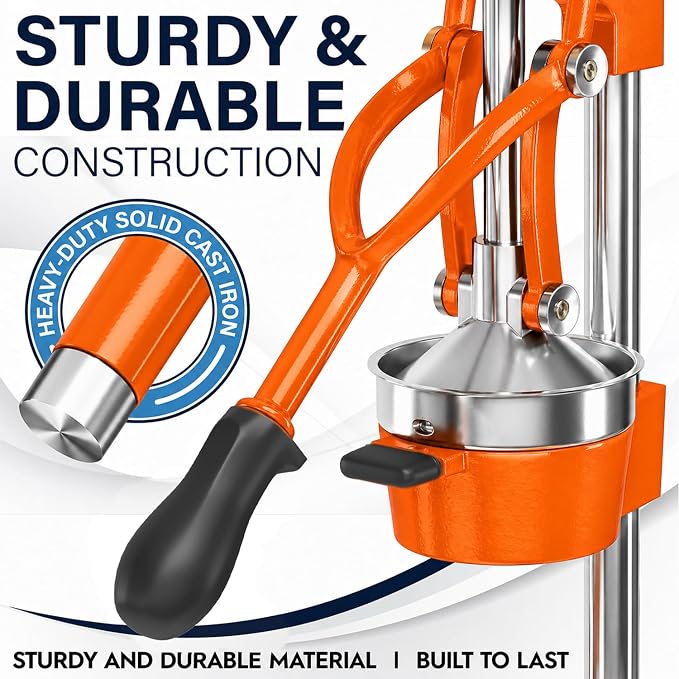 Eurolux Ultra-Premium Cast Iron Juicer | Extra-Large, Heavy Duty, Commercial Grade, Stainless Steel Manual Hand Press Citrus Squeezer For Fresh Orange Juice, Pomegranate, Lemon, and Much More (Orange) - Image 3