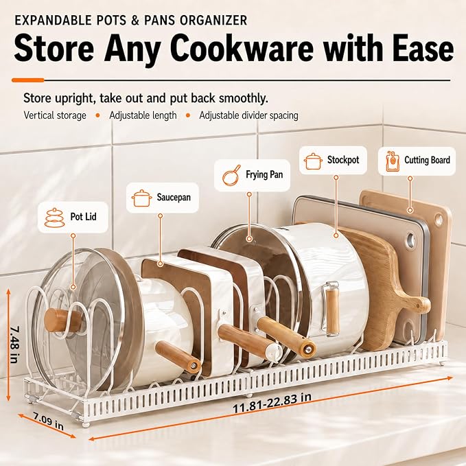 Pots and Pans Organizer Rack,Expandable Pot Lid Holder for Kitchen Cabinet | 11.81''-22.85'' Metal Rack with 12 Adjustable Dividers,Multifunctional Organizer for Cookware Bakeware Cutting Board Storage - Image 4