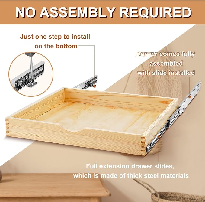2 Set Wooden Pull out Cabinet Organizer Fully Assembled Slide out Pantry Drawer with Gentle Close Storage Shelf Tray for Base Kitchen Under Sink Bathroom Accessory(Wood Color,24'' X 21'' X 3'') - Image 4