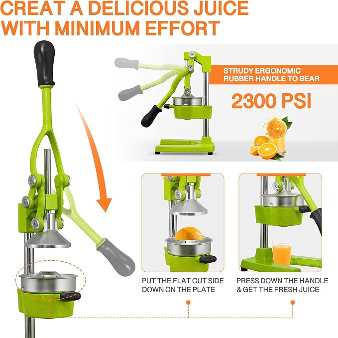 Commercial Heavy Duty Cast Iron Hand Press Manual Orange Citrus Lemon Lime Grapefruit Pomegranate Fruit Juice Squeezer Machine with Stainless Steel Cup Green - Image 5