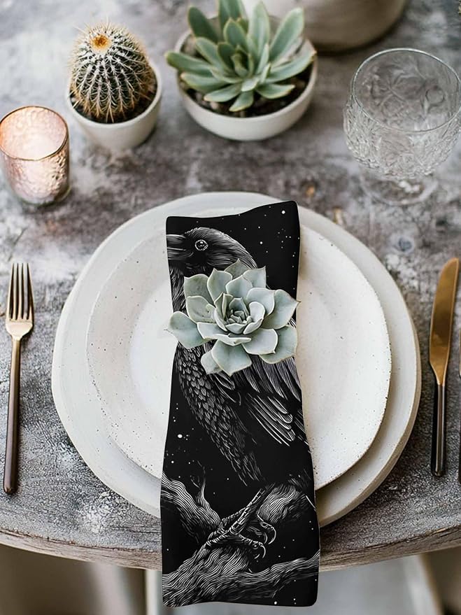 Kitchen Cloth Napkins 2 Pack Halloween Crow Bat Moon Dinner Napkins Soft Table Napkin for Family Dinners Cocktail Parties Wedding, Washable & Reusable, 20" x 20" - Image 3