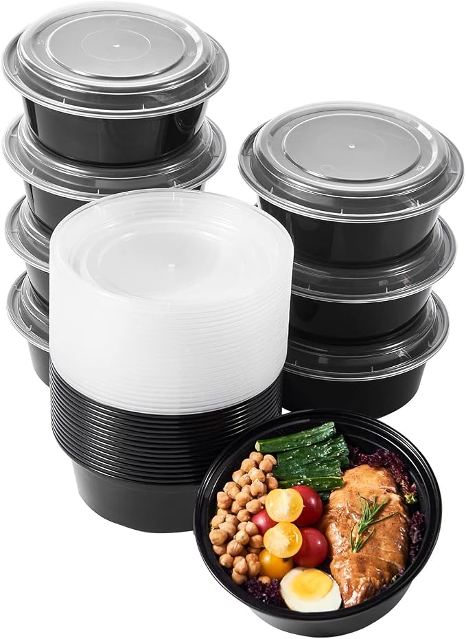 Jaluxing 32 oz 50 ct Round Meal Prep Containers with Lids Plastic Food Storage Lunch Plan To Go Box Disposable Take Out Bowls BPA Free Durable Stackable Microwave Freezer Safe (Formerly FULING) by JALUXING