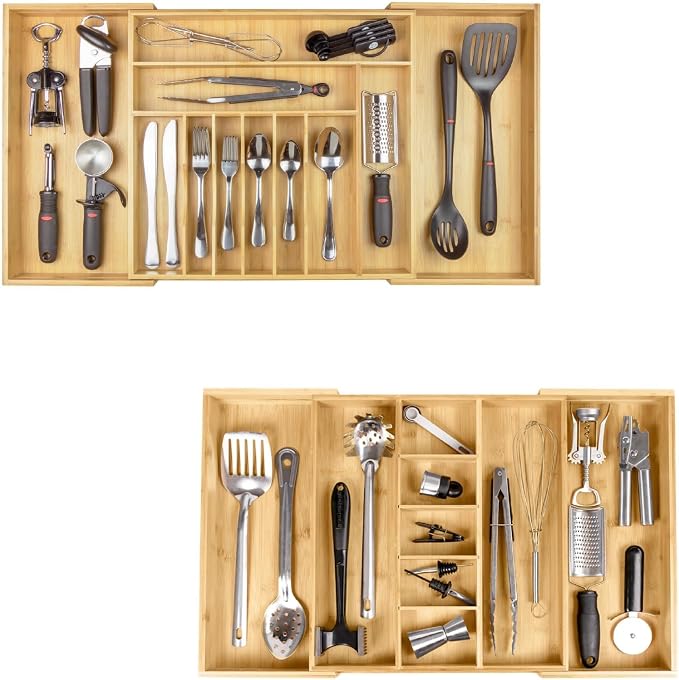 Silverware & Utensil Organizer Bundle, 18-33in & 18.5-33in | Includes two organizers, expandable 18-33 in; 18.5-33 in, food-safe bamboo, fits most drawers by KitchenEdge