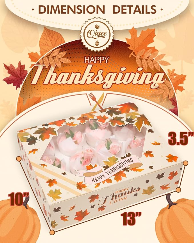 qiqee Thanksgiving 12 Cupcake Boxes with Window 16-Packs Cupcake Box 13"x10"x3.5" Cupcakes Carrier, 12 Cupcake Containers For Thanksgiving Day - Image 6