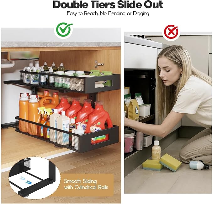 2 Packs 21IN Depth Under Sink Organizer, 2-Tier Pull Out Cabinet Organizer With Smooth Circular Rail, Large Capacity Metal Mesh Sliding Drawers For Bathroom& Kitchen Storage,Height Adjustable-Black - Image 7
