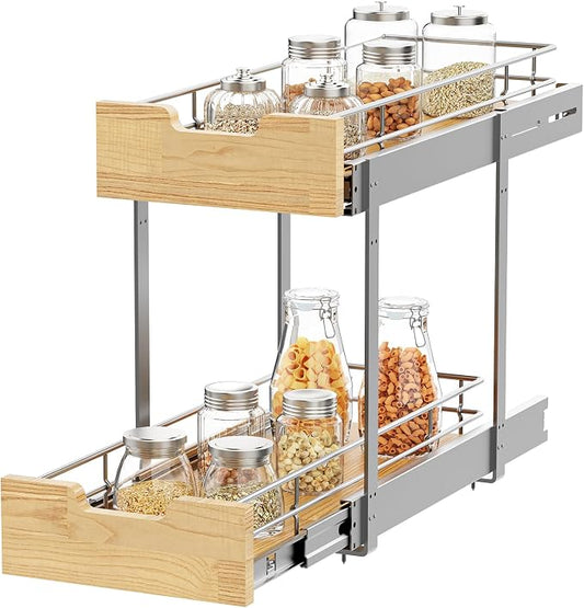 Sikarou Pull Out Cabinet Organizer,Heavy-Duty Slide Out Shelf, Wood and Wire Basket, Pull Out Drawer for for Kitchen Under Sink Space, Pantry, Bathroom, 2 Tie 9 * 21 in by SikarouStorageSpecialist