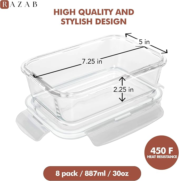 Razab 16 Pc (Set of 8) 30 Oz Glass Meal Prep Containers with Lids, Airtight Large Glass Food Storage Containers, Reusable Leak Proof BPA Free, Freezer to Oven and Dishwasher Safe - Image 3