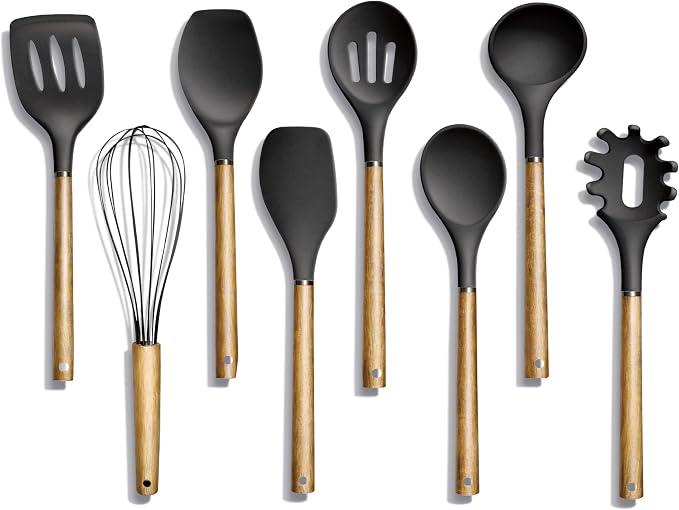 Country Kitchen Non Stick Silicone Utensil Set with Rounded Wood Handles for Cooking and Baking, 8 Piece Set, Black by CountryKitchen