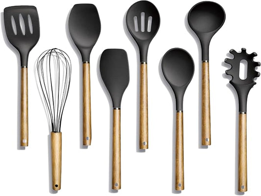 Country Kitchen Non Stick Silicone Utensil Set with Rounded Wood Handles for Cooking and Baking, 8 Piece Set, Black by CountryKitchen