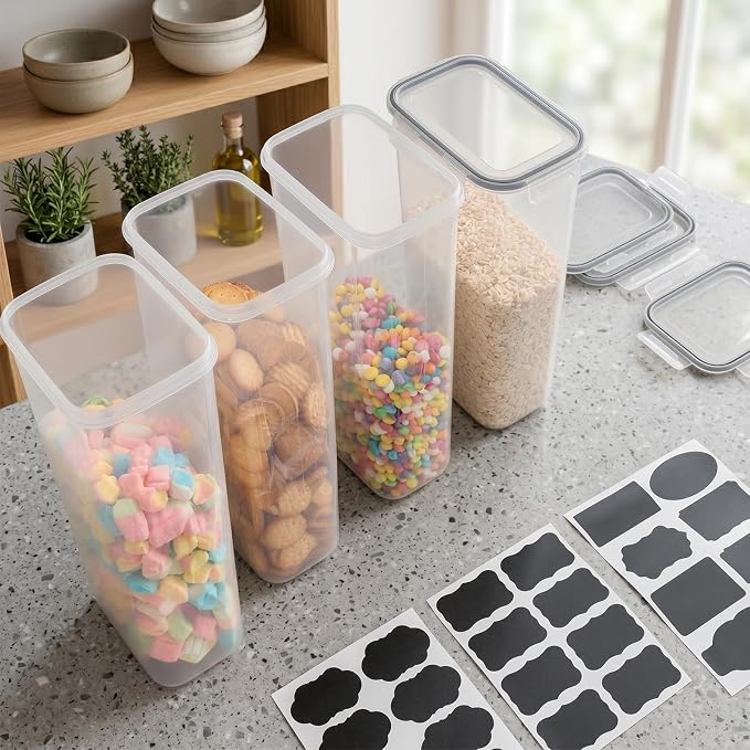 VINATO Set of 4 2.8L Airtight Storage Jars - BPA Free, Clear and Stackable Food Storage Boxes - with 24 Labels - For Cereals, Pasta, Flour - Image 7