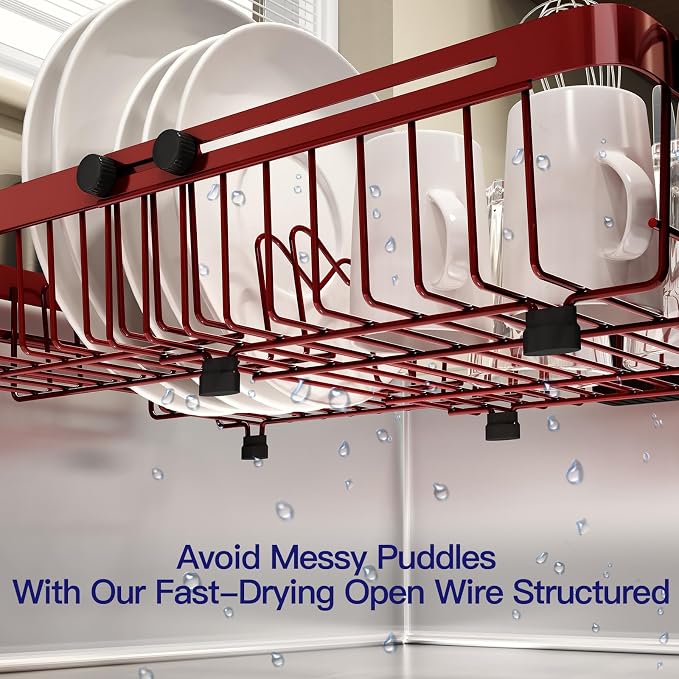 Red Dish Drying Rack Over The Sink with Utensil Holder | Expandable Stainless Steel Dish Drainer for Small Kitchen, Apartment, RV, Counter Space Saving, Perfect Fit, Rustproof - Image 3