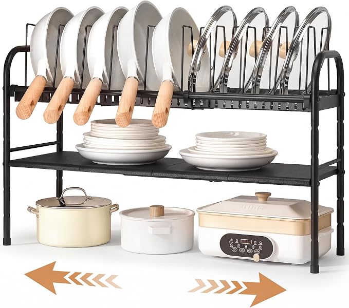 HULISEN Pots and Pans Organizer Under Cabinet, 2-Tier Expandable Pot Rack | 10 Dividers for Lid Separation, 5-Level Adjustable Height, Kitchen Cookware Pan Holder Shelf, Carbon Steel Frame by HULISEN