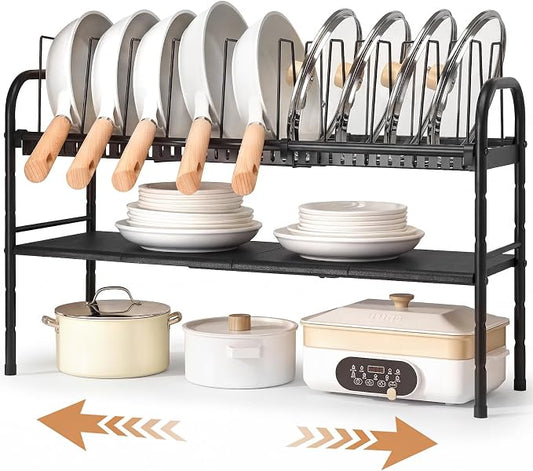 HULISEN Pots and Pans Organizer Under Cabinet, 2-Tier Expandable Pot Rack | 10 Dividers for Lid Separation, 5-Level Adjustable Height, Kitchen Cookware Pan Holder Shelf, Carbon Steel Frame by HULISEN