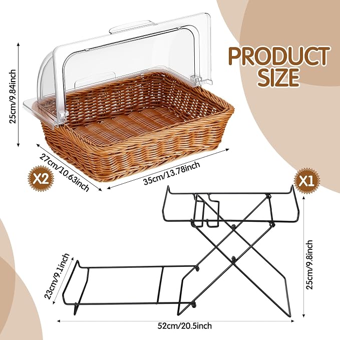 2 Pack Imitation Rattan Plastic Bread Basket, with Acrylic Lid and Metal Display Stand Rectangle Woven Fruit Basket for Food Display Tabletop, 13.78 x 9.84'' (Flip Top Food Cover) - Image 2
