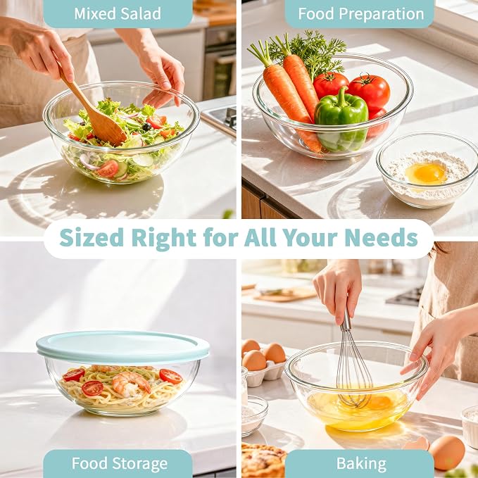 WhiteRhino Glass Mixing Bowl with Lids Set of 5, 0.2, 0.5, 1.1, 2.1, 3.75 QT, Large Salad Bowls with BPA-Free Lids, Space-Saving Nesting Bowls for Kitchen Food Storage, Glass bowl for Cooking, Baking - Image 7