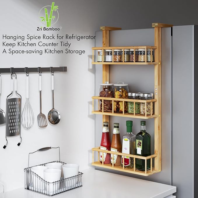 Hanging Spice Rack for Refrigerator - 3 Tier Bamboo Kitchen Counter Shelf Organizer for Can Seasoning Storage, Adhesive to Fridge & Pantry Side - Image 2