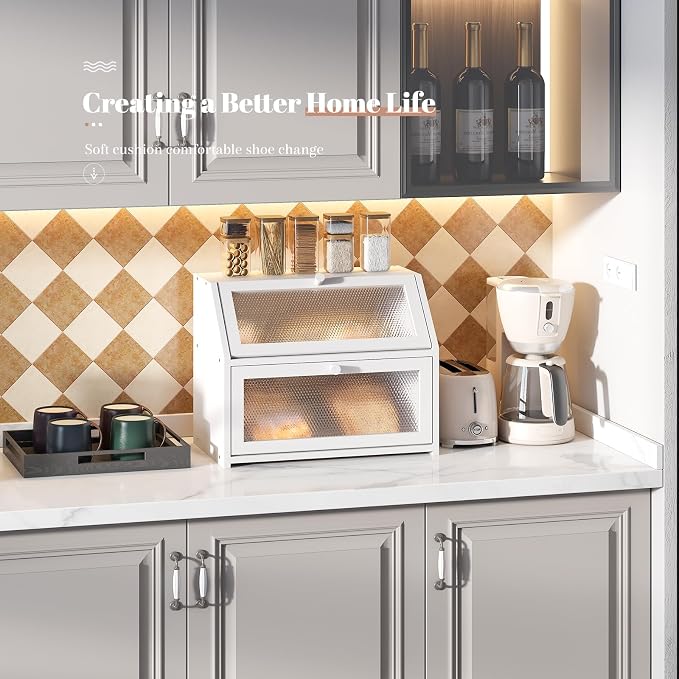 STDDRE Bread Box for Kitchen Countertop Bin Double Layer Bread Box Storage Container Extra Large Capacity Farmhouse with Diamond Pattern Windows (White, Large) - Image 5