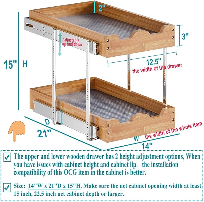 OCG Pull Out Drawers For Cabinets 14"W x 21"D, 2 Tier Heavy-Duty Slide out Wood Drawer Shelf, Pull Out Drawer for Cabinets, Base Cabinet Organization ​for Kitchen, Pantry, Bathroom - Image 3