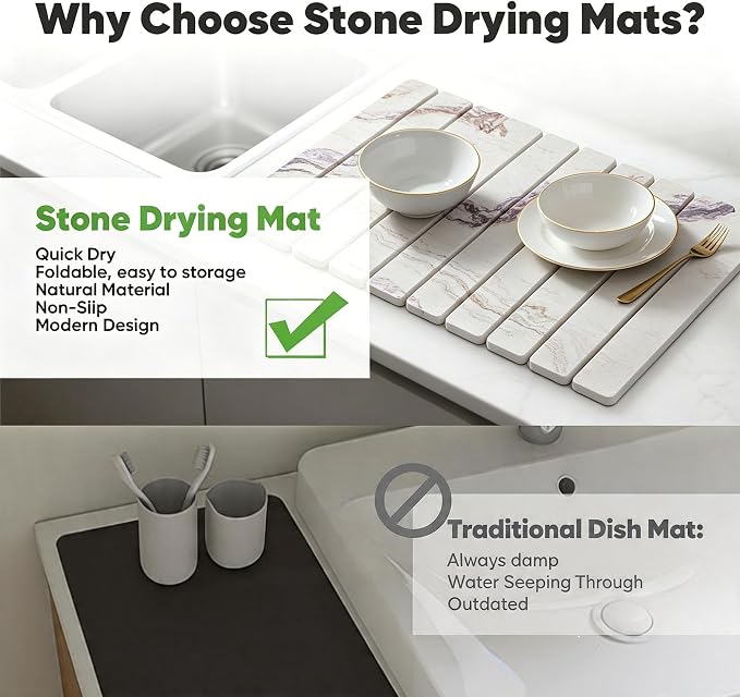 Stone Drying Mat for Kitchen Counter, Quick Diatomaceous Earth Mats for Dishes, 24"L x 16" W Super Absorbent Fast-Drying Collapsible Countertop Stone Mat (Marble White-06, 24" x 16") - Image 4