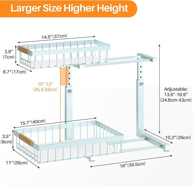 PXRACK Under Sink Organizer, Adjustable Height, 2 Tier Pull Out Under Cabinet Organizer, Slide Out Thickened Metal Under Sink Storage for Kitchen Bathroom Laundry Pantry Cabinet, Blue, Large-1-Pack - Image 8