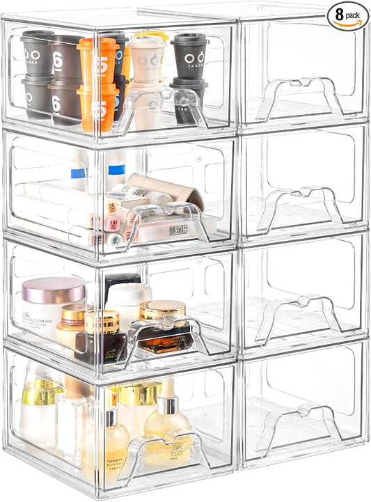 Stebopum 8 Pack Stackable Makeup Organizer, 4.4'' Tall Acrylic Bathroom Makeup Organizer and Storage Drawer with Pull-out Handle, Clear Plastic Storage Bins for Vanity,Pantry,Desk,Undersink,Kitchen by Stebopum