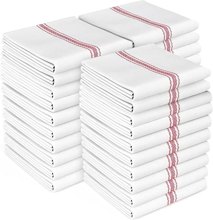 Zeppoli Classic Kitchen Towels - 30 Pack 100% Natural Cotton Towel Set, Reusable Wash Cloths, Absorbent Dish Towels, Machine Washable Hand Towels, Kitchen Essentials - 14” by 25” - Red Striped by Zeppoli