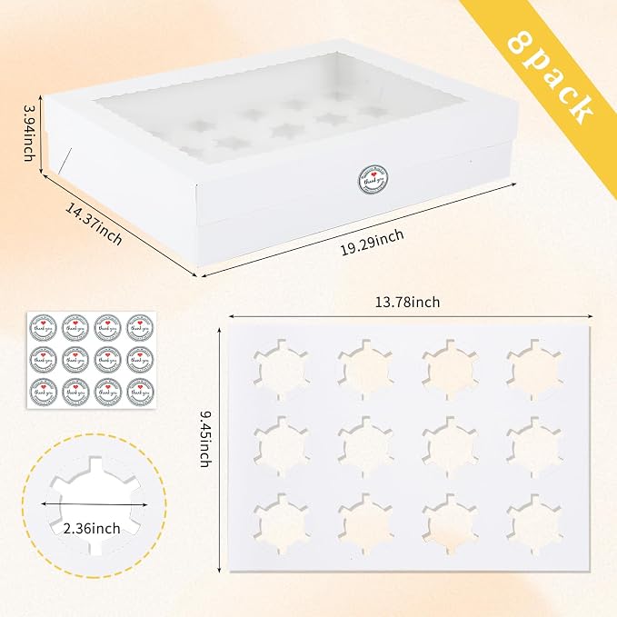 24 Count Corrugated Cupcake Box, 8 Pack Cupcake Containers with Windows, Disposable Cupcake Carriers for Muffins, Treats, Pastries, Mother's Day 19 x 14 x 3.9 Inches (White, 24Count /8Pcs) - Image 2