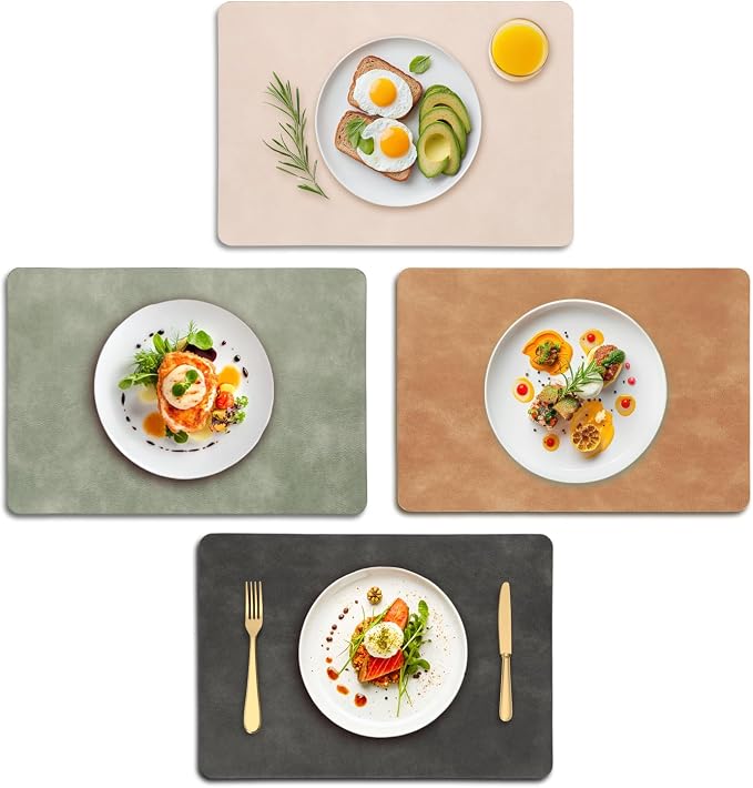 UnivoColors Placemats,Heat Resistant Placemats Set of 4 Washable 12 x 17 Inch,Waterproof Table Mats,Wipeable Pu Place Mats for Kitchen,Dining Room.(Green+Beige+Dark Gray+Camel) by UnivoColors